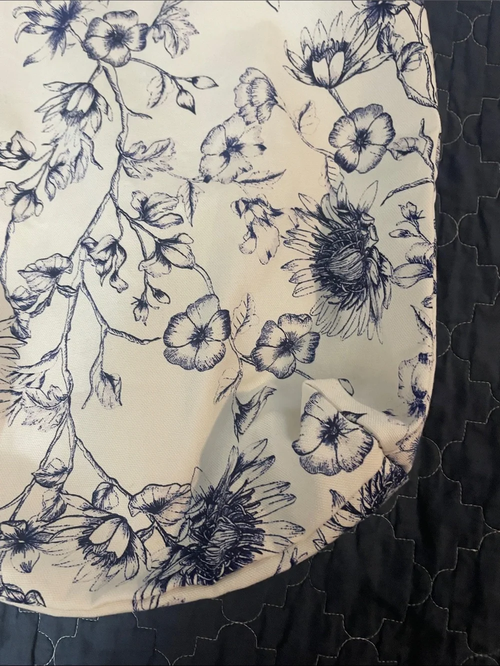 Chico's White Canvas Tote with Blue Floral Sketch Print